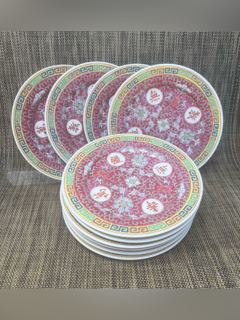 Mun Shou Longevity Red Porcelain Dinner Plates Set of 10 READ/ WHITE